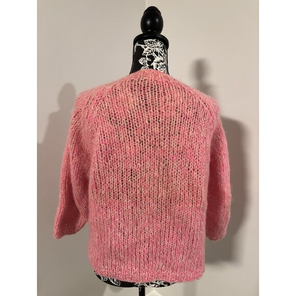 60s Vintage Pink Mohair Wool 3/4 Sleeves Hand Knit Italy Cardigan Sweater Small - Picture 3 of 5